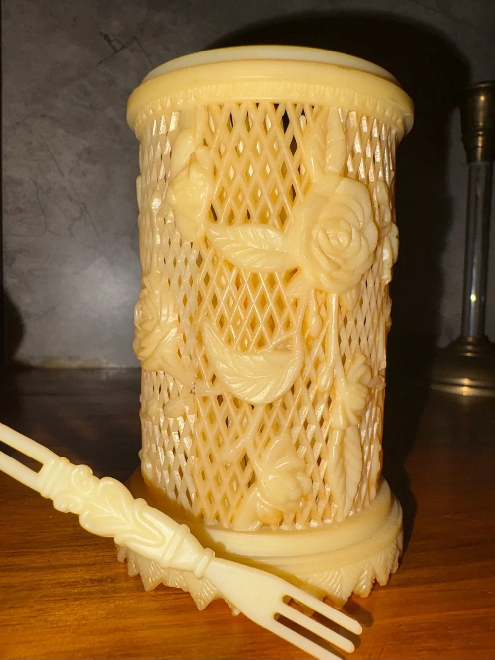 1960s MCM Lattice/ Floral Carved Resin Lidded Jar with 32 Tiny Forks Inside